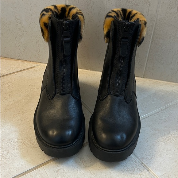 UGG Black Ankle Boots with Animal Print Trim - Picture 1 of 9